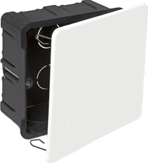 Flush connection box in hollow partition. 107 x 107 mm. Cover with metal claw.