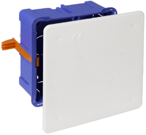 Flush connection box in hollow partition. 100 x 100 mm. Metal claw cover. Nylon ties fixing system.