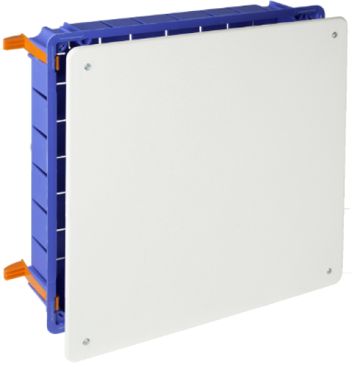Flush connection box in hollow partition. 250 x 250 mm. Cover with screws. Fixing system with nylon ties.