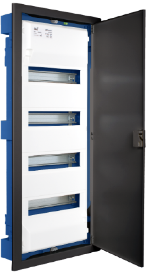 Flush distribution box in hollow partition of 56 modules. Fixing system using metal claws Ref. G-MP28. Graphite colour.