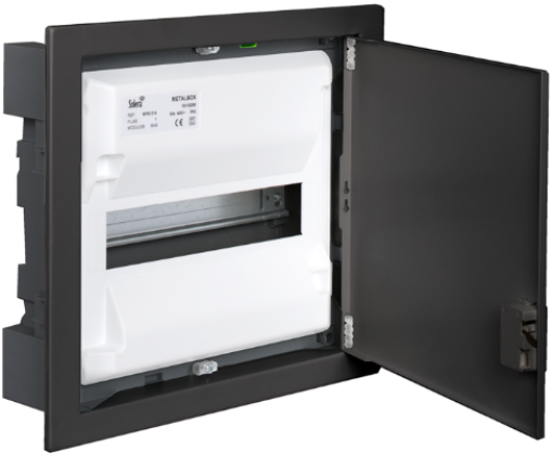 Flush distribution box of 14 modules. With metallic frame and door, white colour. Graphite Colour