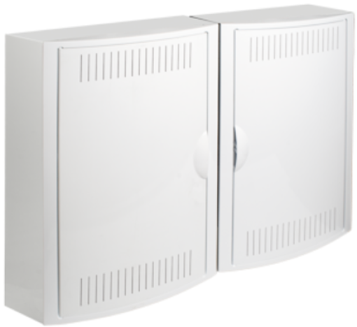 Network termination box 725 x 543 x 115 mm. Surface. With mounting plate for active and passive telecommunications modules. With 35 mm DIN rail.