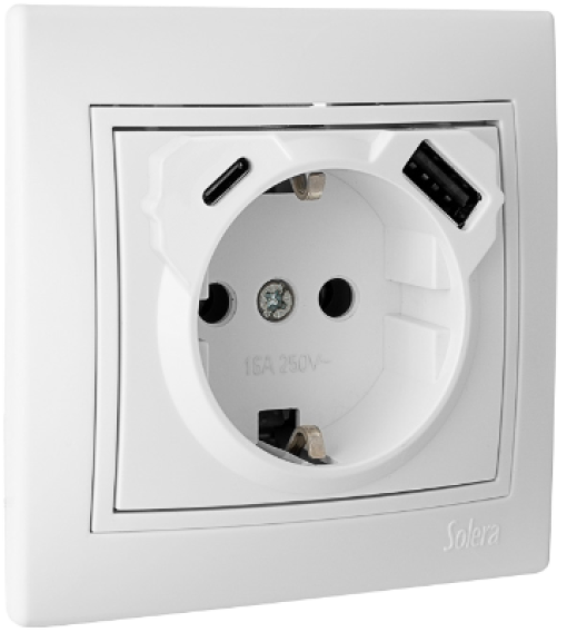 Base fixa 2P + E, 16A, 250V+ 1 USB  A+ 1 USB C.   2,1A 5V.  Monobloc. Para encastrar.