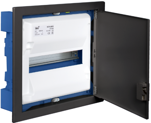 Flush distribution box in hollow partition of 14 modules. Fixing system using metal claws. Ref. G-MP28. Graphite colour.