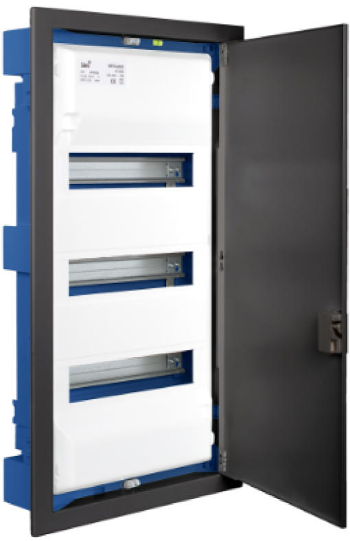 Flush distribution box in hollow partition of 42 modules. With graphite colour metal frame and door