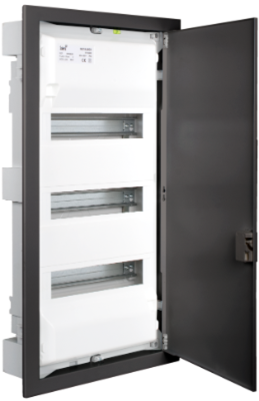 Flush distribution box of 42 modules. With metallic frame and door and graphite colour.