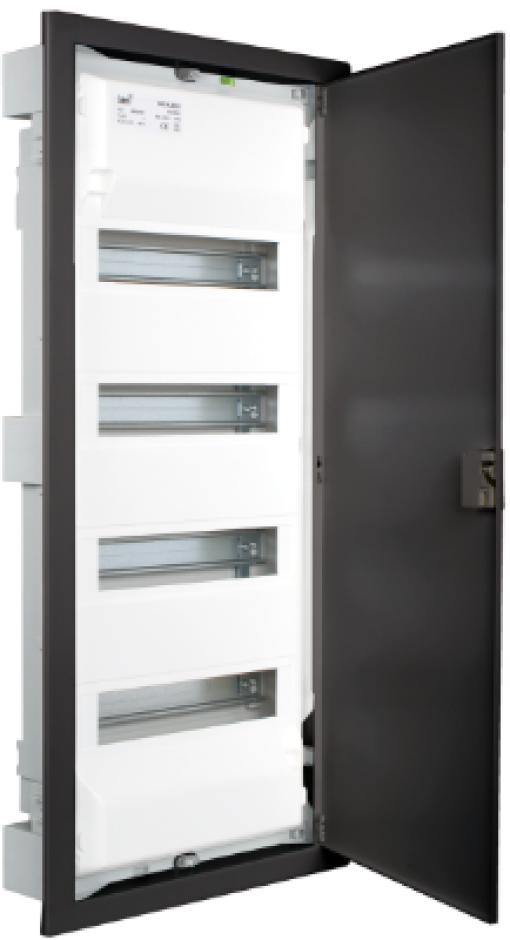 Flush distribution box of 56 modules. With metallic frame and door, graphite colour.