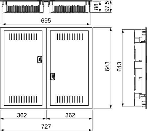 Network termination box. Flush. Empty. Flush dimensions 695 x 613 x 88 mm.