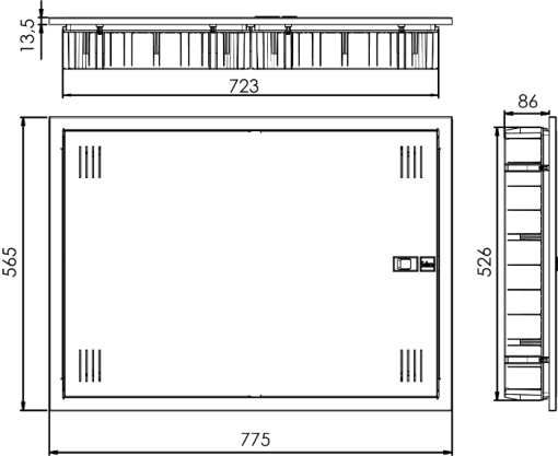 Network termination box. Flush. Empty. Flush dimensions 645 x 526 x 86 mm.