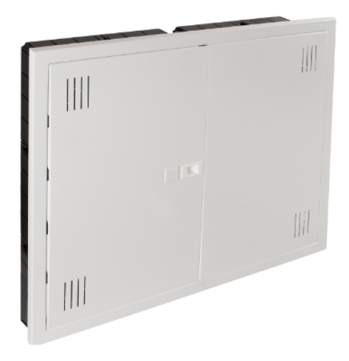 Quadro de terminação de rede. Com 2 bases 2P + T, 16A 250V. Dimensões embutidas 720 x 528 x 86 mm.