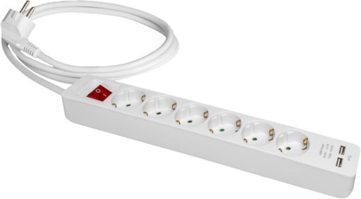 Cabo de extensão com 6 bases 2P + T, 16A 250V ~. + 2 soquetes USB 2.1A 5V DC.