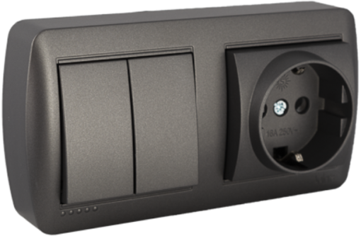 Base fixa 2P + E, 16A 250V ~ + comutador / interruptor duplo 10AX 250V ~. De superfície.