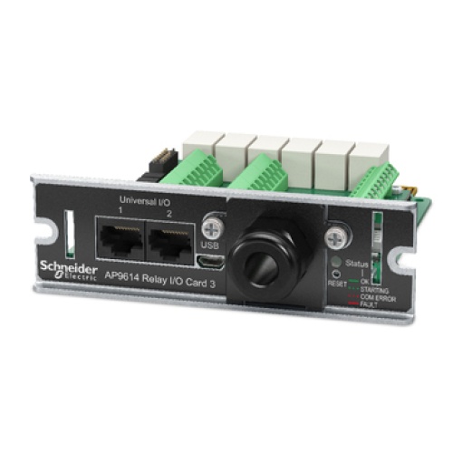 Opções de gerenciamento, placa de ES de contato seco, monitora sensores ambientais de UPS externo, relés de saída e contatos de entrada