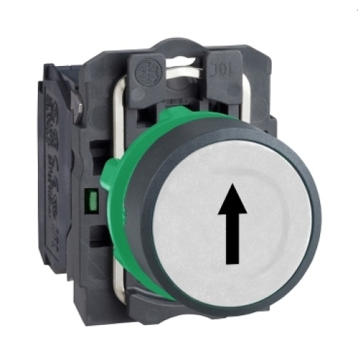 Push button, plastic, flush, branco  , ø22, spring return, marked up arrow, 1 no