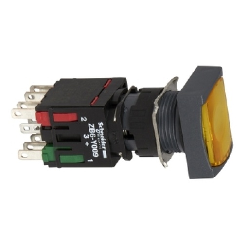 Complete illuminated push button, Harmony XB6, yellow rectang flush illum pushbutton Ø 16 spring return 1NO1NC 12...24 V