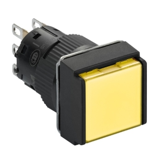 Illuminated monolithic push button, Harmony XB6E, square yellow pushbutton Ø 16 flush springreturn 12 VDC polarised 1CO