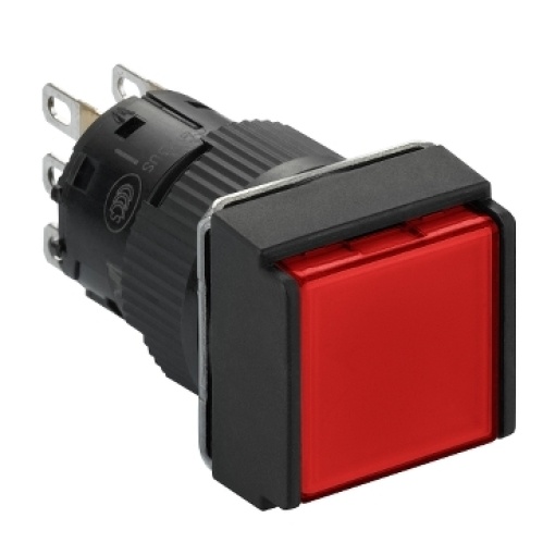 Illuminated monolithic push button, Harmony XB6E, square red pushbutton Ø 16 flush spring return 24 VDC polarised 1CO