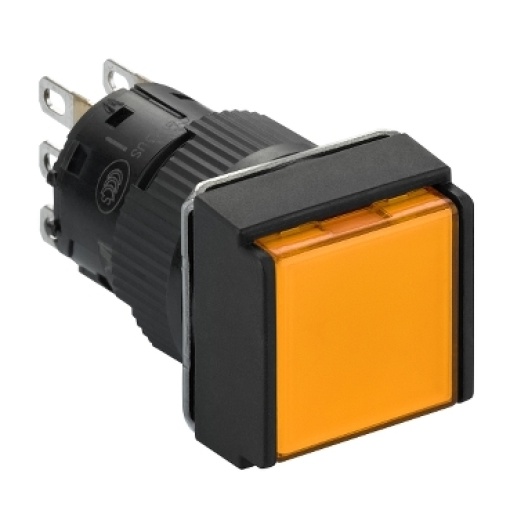Illuminated monolithic push button, Harmony XB6E, square orange pushbutton Ø 16 flush springreturn 24 VDC polarised 1CO