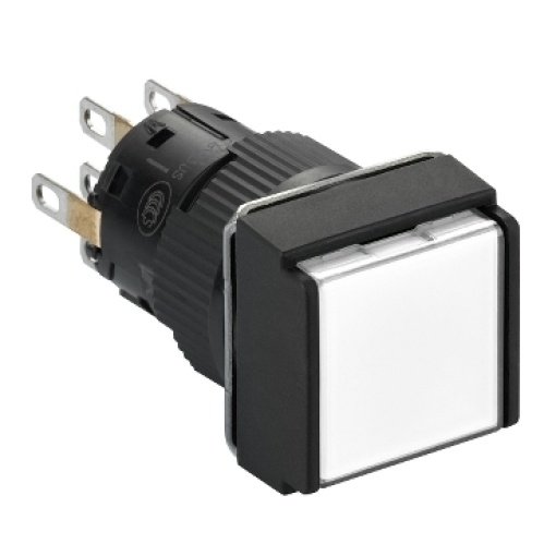 Illuminated monolithic push button, Harmony XB6E, square white pushbutton Ø 16 flush spring return 24 VDC polarised 2CO