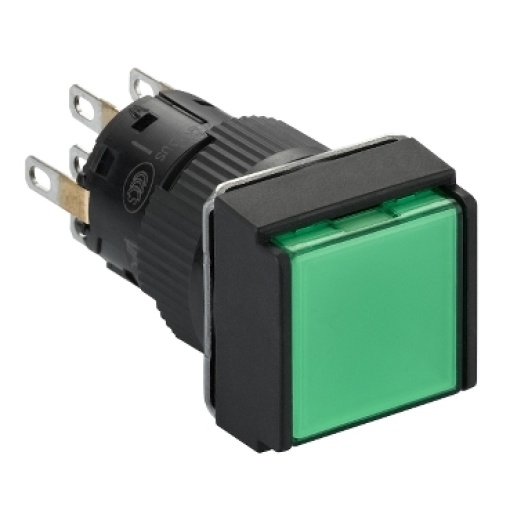 Illuminated monolithic push button, Harmony XB6E, square green pushbutton Ø 16 flush spring return 24 VDC polarised 2CO