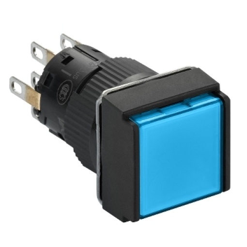 Illuminated monolithic push button, Harmony XB6E, square blue pushbutton Ø 16 flush spring return 24 VDC polarised 2CO