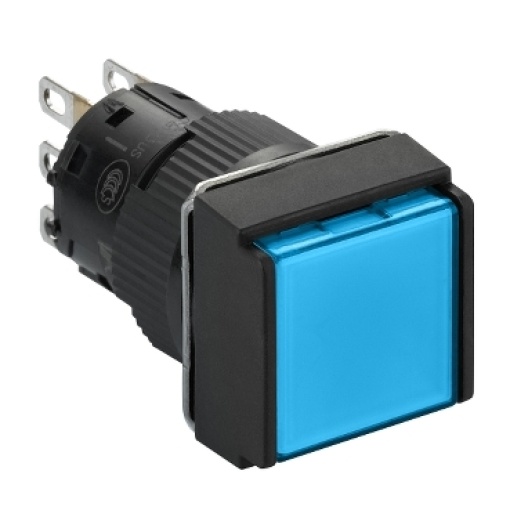 Illuminated monolithic push button, Harmony XB6E, square blue pushbutton Ø 16 flush to release 24 VDCpolarised1CO