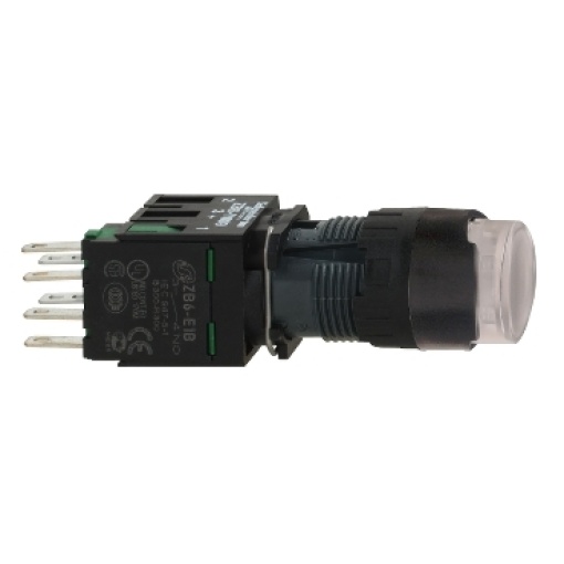 Complete illuminated push button, Harmony XB6, white projecting illum pushbutton Ø 16 spring return 1 NO 12...24 V