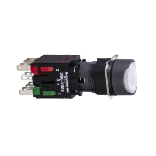 Complete illuminated push button, Harmony XB6, white flush illum pushbutton Ø 16 spring return 1NO1NC 12...24 V