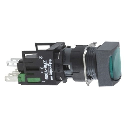 Complete illuminated push button, Harmony XB6, green square flush illum pushbutton Ø 16 spring return 1NO1NC 12...24 V