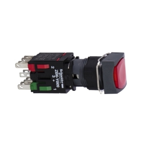 Complete illuminated push button, Harmony XB6, red square flush illum pushbutton Ø 16 spring return 1NC 12...24 V