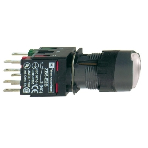 Complete illuminated push button, Harmony XB6, white flush illum pushbutton Ø 16 latching 1NO1NC 12...24 V