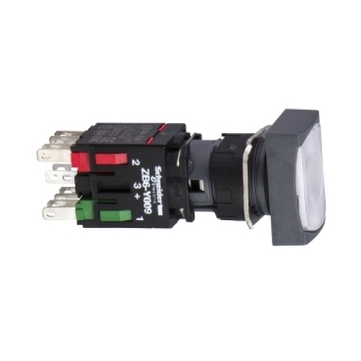 Complete illuminated push button, Harmony XB6, white rectangular flush illum pushbutton Ø 16 latching 1NO1NC 12...24 V