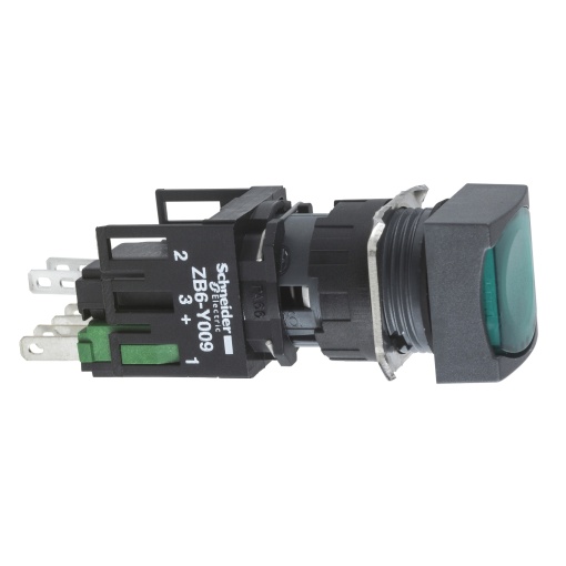 Complete illuminated push button, Harmony XB6, green square flush illum pushbutton Ø 16 latching 1 NO 12...24 V