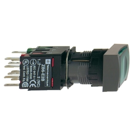 Complete illuminated push button, Harmony XB6, green rectangular flush illum pushbutton Ø 16 latching 1NO1NC 12...24 V