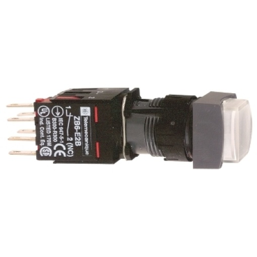 Complete illuminated push button, Harmony XB6, white sq projecting illum pushbutton Ø 16 spring return 1NO1NC 12...24 V