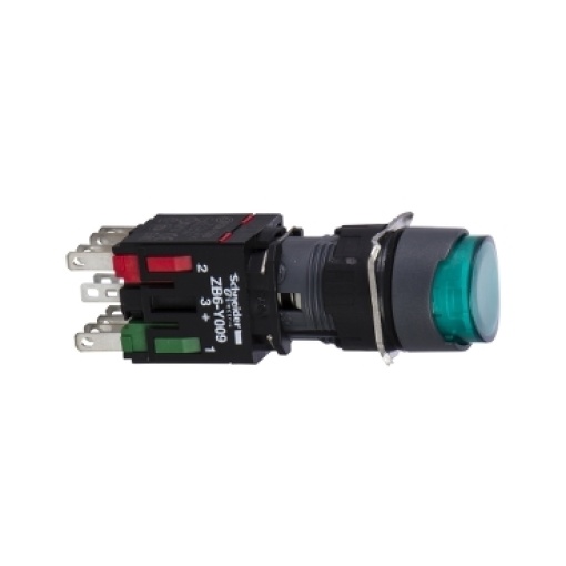 Complete illuminated push button, Harmony XB6, green projecting illum pushbutton Ø 16 spring return 1NO1NC 12...24 V