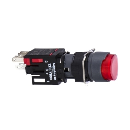 Complete illuminated push button, Harmony XB6, red projecting illum pushbutton Ø 16 spring return 1NC 12...24 V