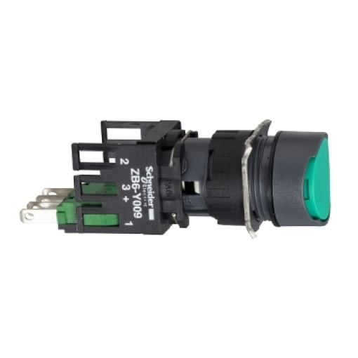 Complete push button, Harmony XB6, green flush pushbutton Ø 16 spring return 1 NO unmarked