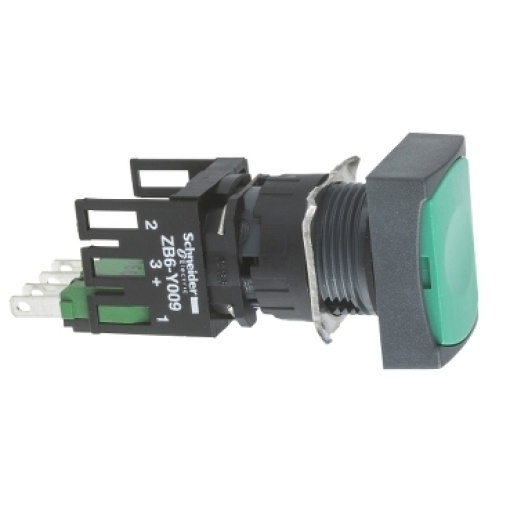 Complete push button, Harmony XB6, green rectangular flush pushbutton Ø 16 spring return 1 NO unmarked
