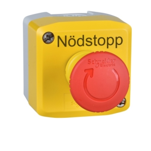 Harmony XALD, XALK, Control station, plastic, yellow, 1 red mushroom head push button Ø40, emergency stop turn to release 2 NC, marked NØDSTOPP