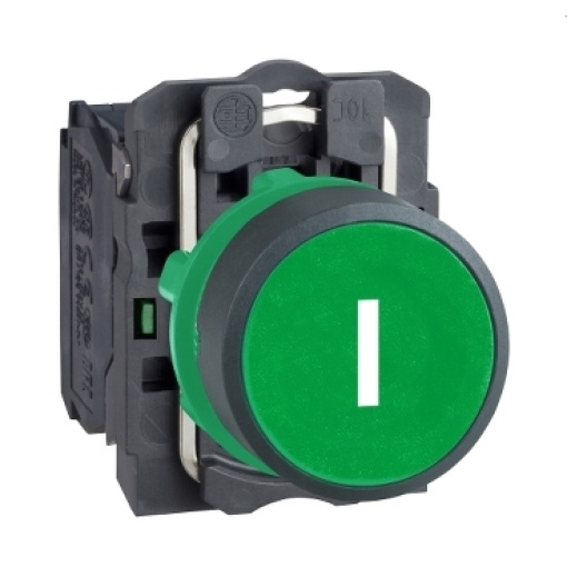 Push button, plastic, flush, verde, ø22, spring return, marked i, 1 no