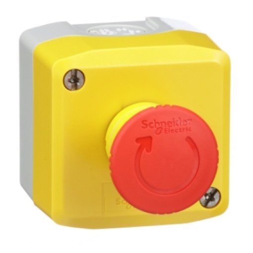 Harmony, Control station, plastic, yellow, 1 red mushroom head push button Ø40, emergency stop turn to release 1 NC, unmarked, ULCSA certified