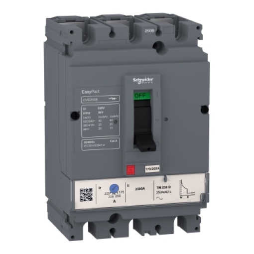 circuit breaker EasyPact CVS100B, 25 kA at 415 VAC, 100 A rating thermal magnetic TM-D trip unit, 3P 3d