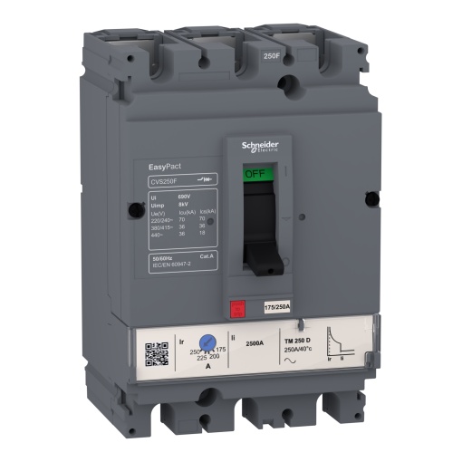 circuit breaker EasyPact CVS250F, 36 kA at 415 VAC, 250 A rating thermal magnetic TM-D trip unit, 3P 3d