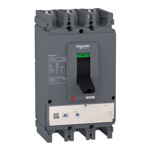 circuit breaker EasyPact CVS630F, 36 kA at 415 VAC, 630 A rating ETS 2.3 electronic trip unit, 3P 3d