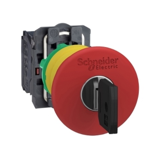 Harmony XB5, Emergency stop switching off, plastic, red mushroom Ø40, Ø22 trigger latching key release, 1 NC
