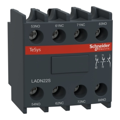 Auxiliary contact block, TeSys D, 2NO  2NC, front mounting, screw-clamps terminals, red front face