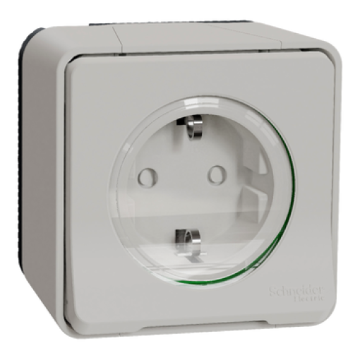 Tomada 2PT monobloco com obturadores, Mureva Styl, saliente, IP55, 16A, Branco
