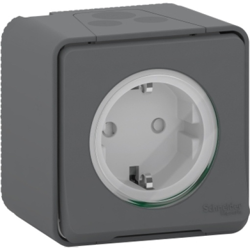 Tomada 2PT monobloco com obturadore, Mureva Styl, IP55, 16A, Cinzento