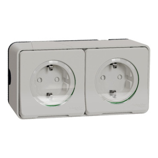 Tomada 2PT monobloco dupla com obturadores horizontal, Mureva Styl, saliente, IP55, 16A, Branco